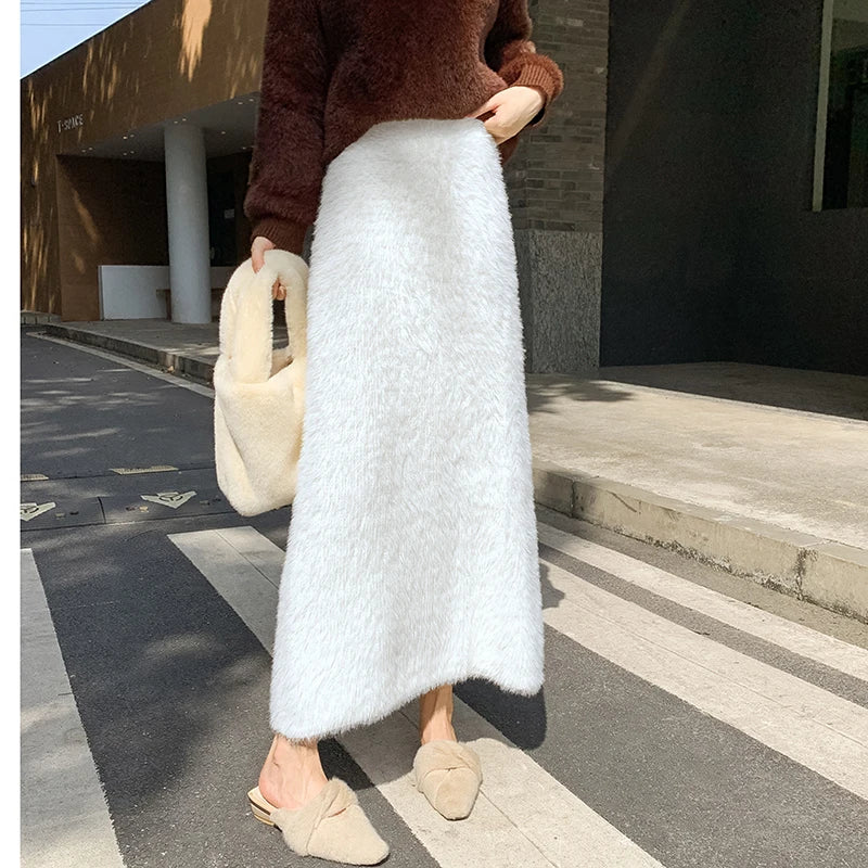 Autumn Winter New Knit Long Skirt Women Casual Thick Korean High Waist Soft A-Line Skirt