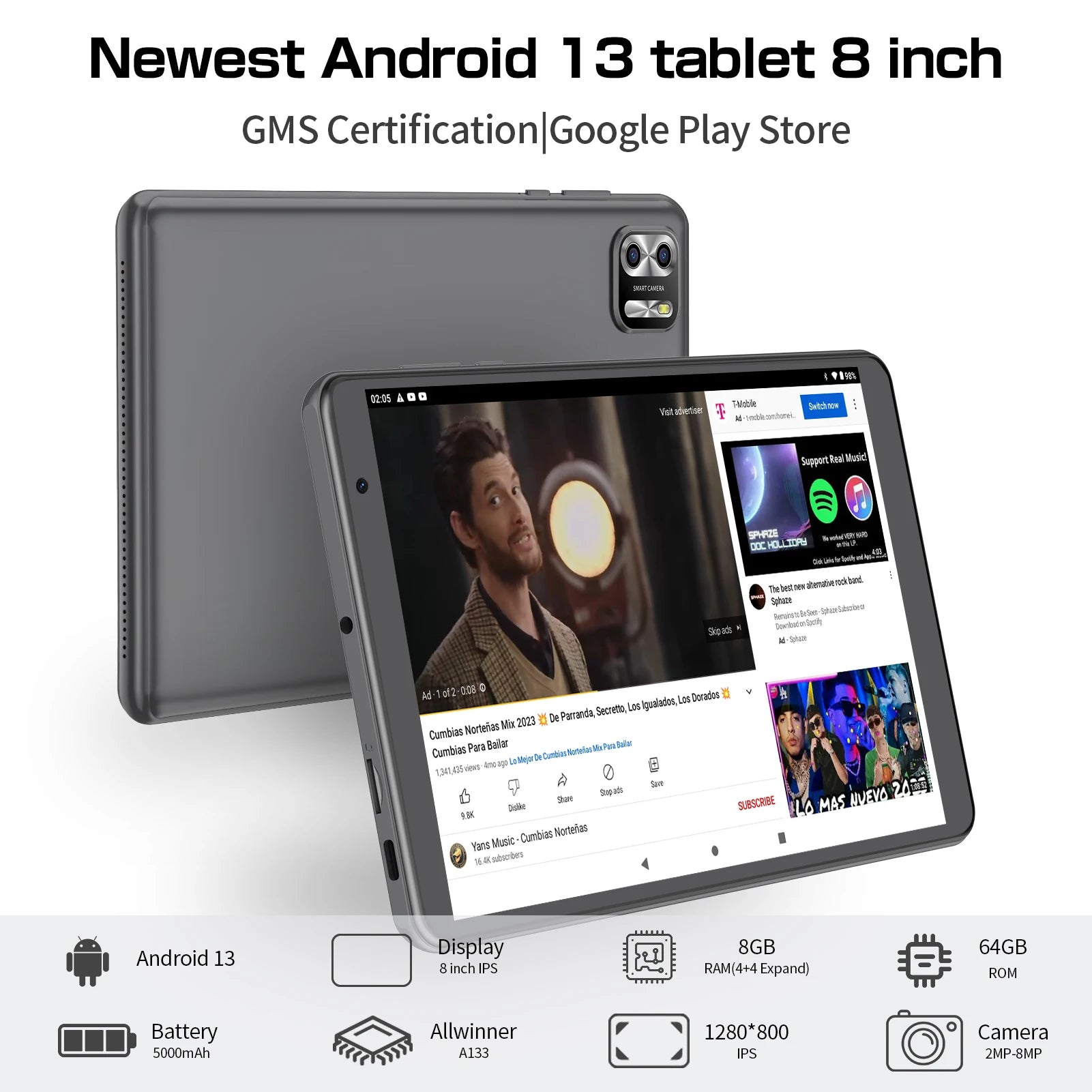 PRITOM 8 Inch Tablet Android 13, 8GB(4+4 Expand) RAM 64GB ROM,1TB Expand,1280x800 IPS Screen 5000MAH Battery,Dual Camera, WiFi.