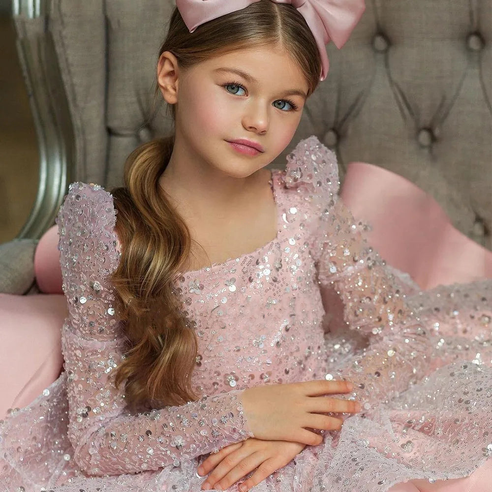 Mädchen Erstkommunion Kleid Kinder Festzug Ballkleid Mädchen Blume Hochzeit Pailletten Kleider für Kinder Klavier Leistung Vestidos.