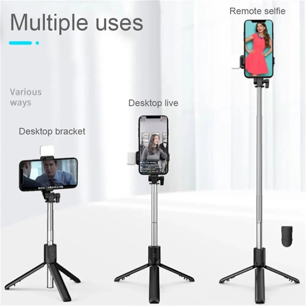 Portable Bluetooth Selfie Stick Tripod Holder with Remote Shutter Fill Light Extendable Wireless Remote Retractable Phone Stand.