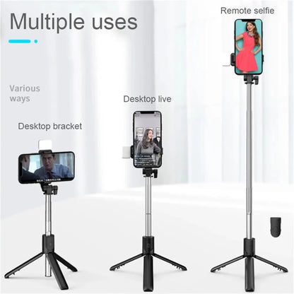 Portable Bluetooth Selfie Stick Tripod Holder with Remote Shutter Fill Light Extendable Wireless Remote Retractable Phone Stand.