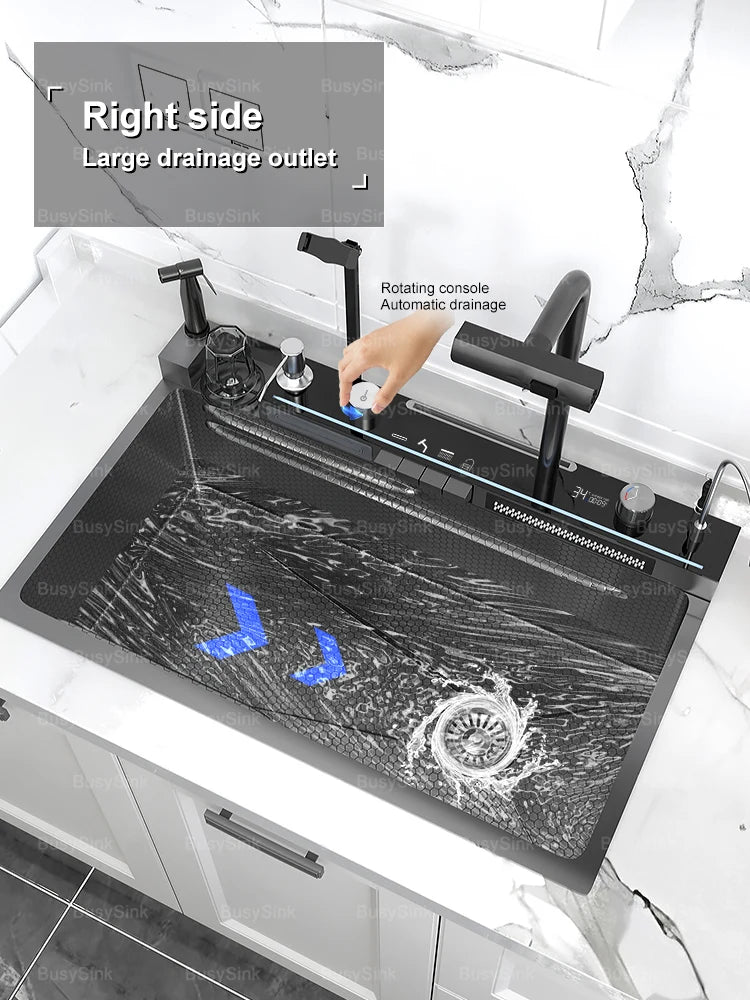 Household Digital Display Piano Button Waterfall Faucet Stainless Steel Kitchen Sink Large Single Bowl Multifunctional Wash Slot