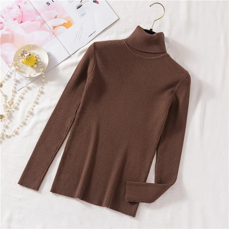 2023 herbst Winter Frauen Langarm Gestrickte Foldover Rollkragen Rippen Pull Pullover Weiche Warme Femme Jumper Pullover Kleidung
