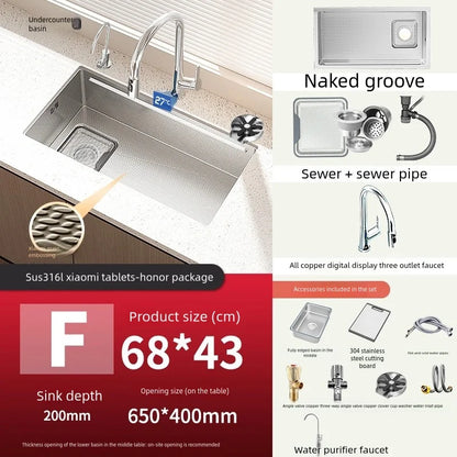 316L Stainless Steels Kitchen Sink Scratch and Grease Resistant Large Single Slot Household Left Right Mount Undermount Basin