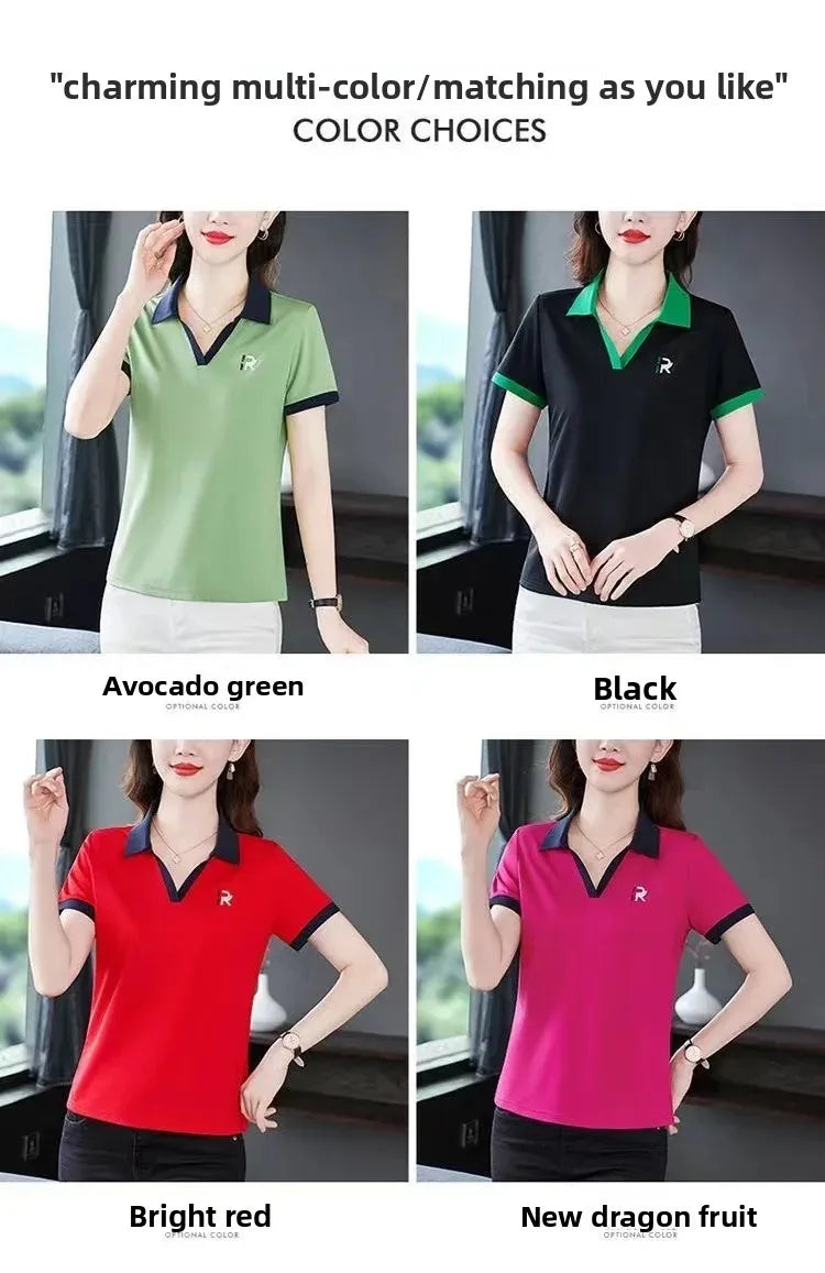 Loose Fit Polo Shirt Short Sleeve Turn-down Collar T-shirt for Middle-aged Mothers Summer New Style Sport Casual Top plus Size.