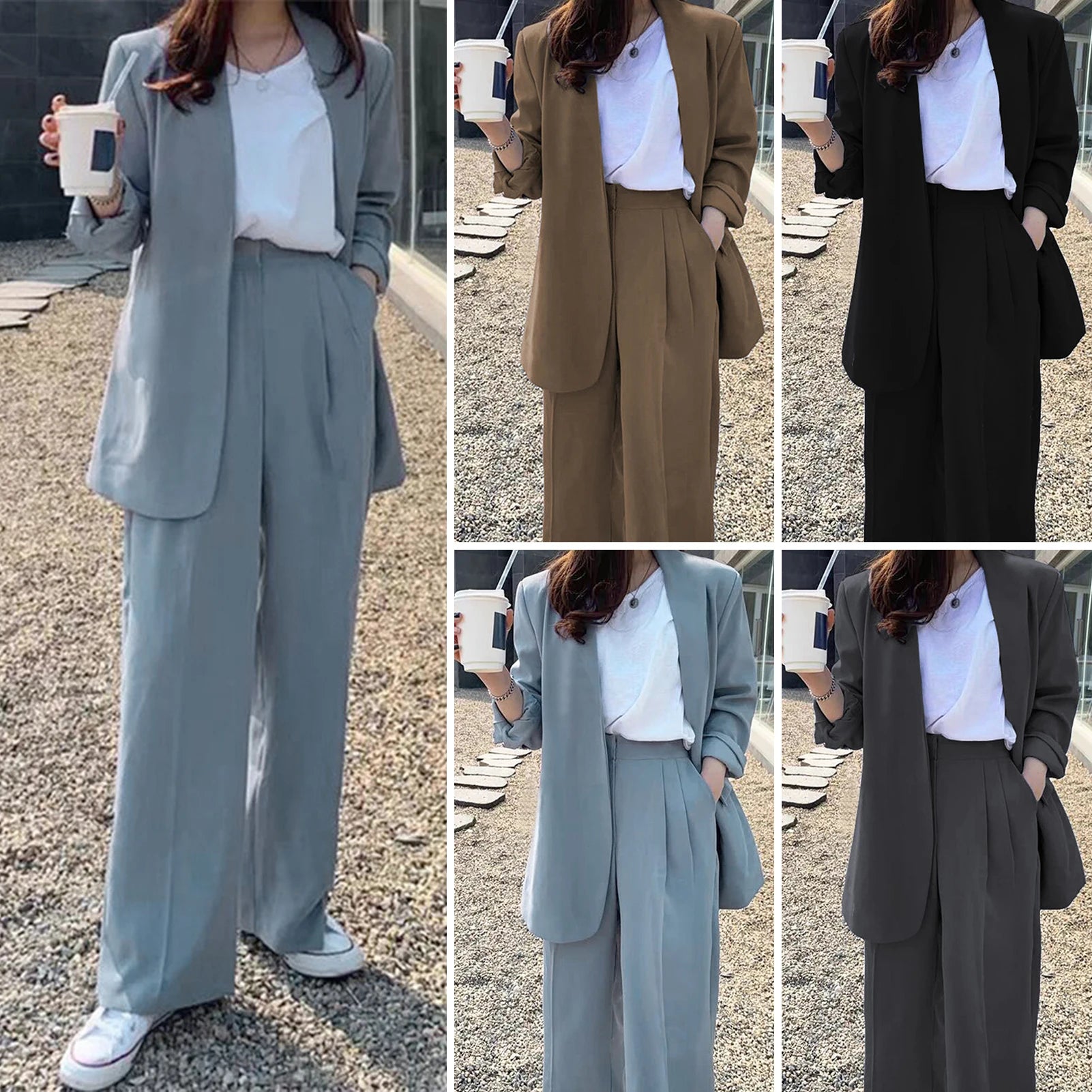 Wide Leg Suit Pants Set Elegant Women Business Suit Set Cardigan Jacket High Waist for Professional Lady Formal Coat Pants Set.