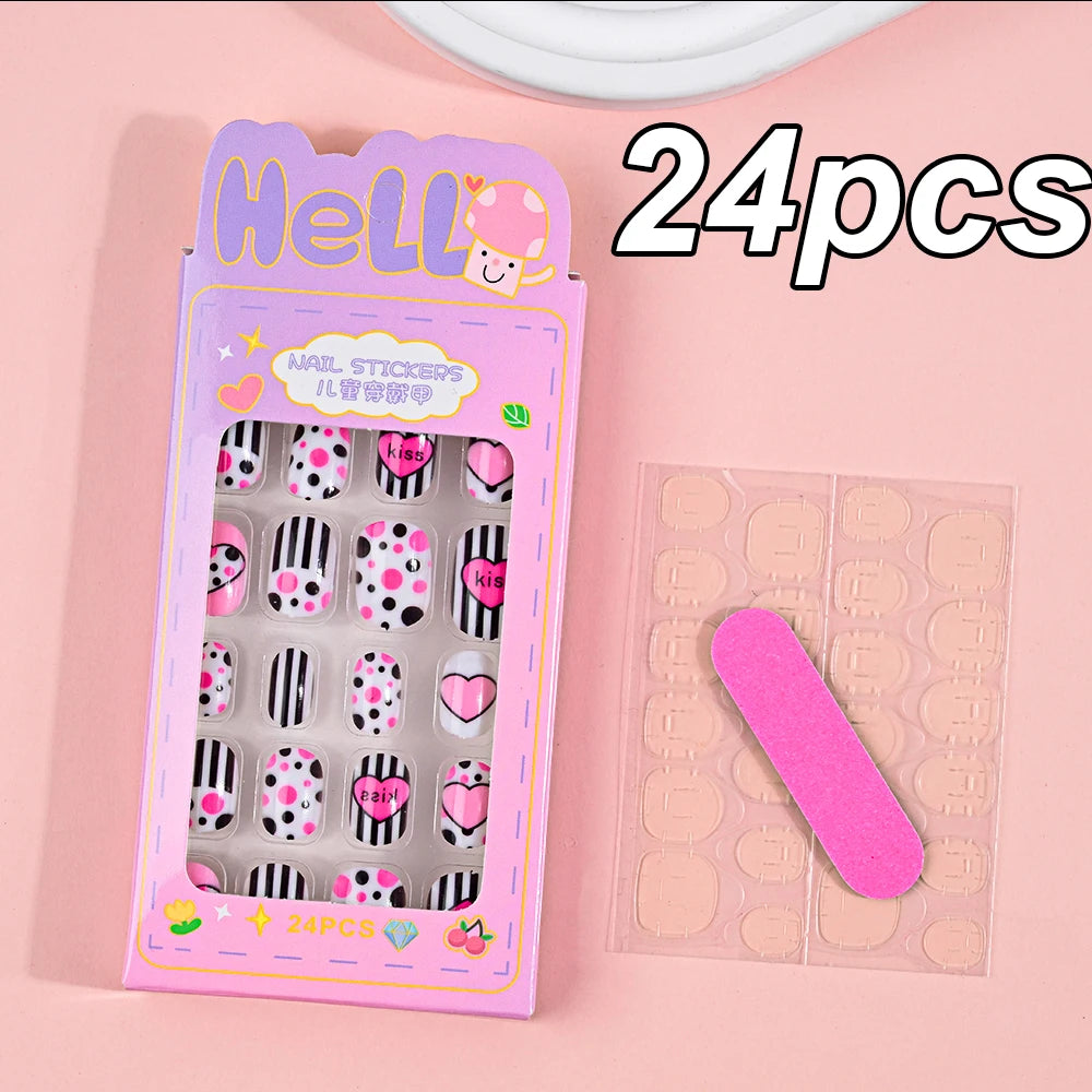 120pcs/box Pink Cartoon Children Press On Nails Candy Color Unicorn Cat Bunny Kids Full Cover False Nail Girls Party Nail Decora