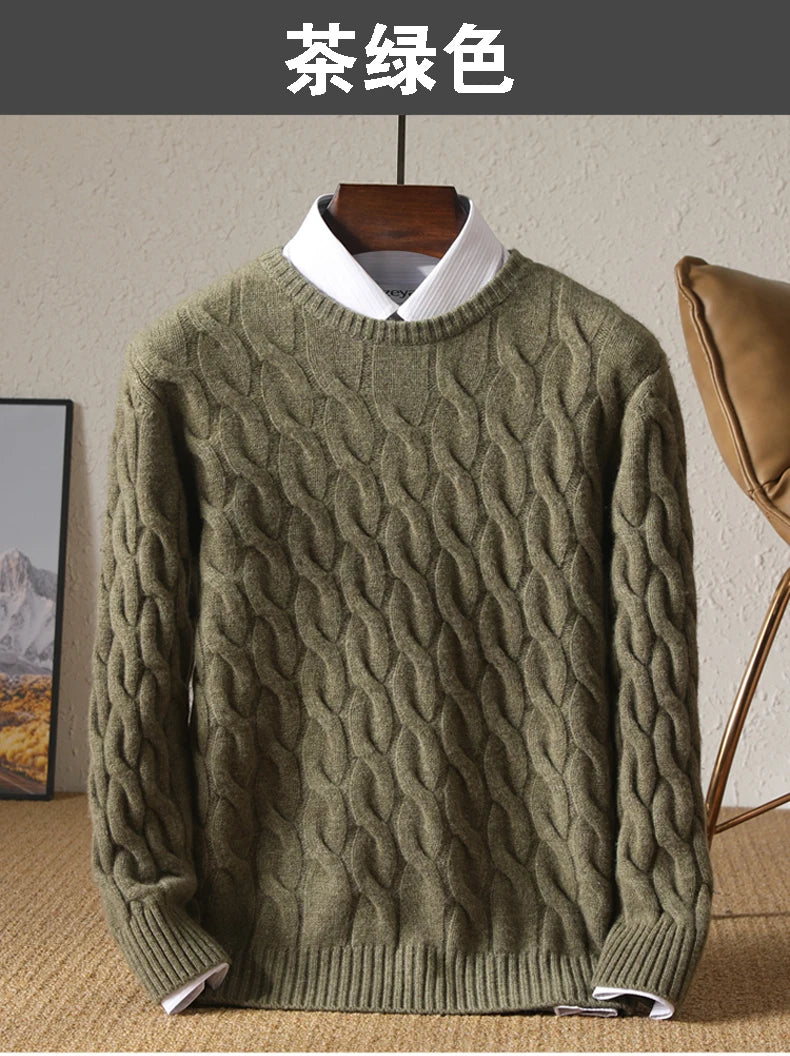 Autumn Winter Thickened Cashmere Sweater 100% Merino Wool Men's Top O-Neck Twisted Pullover Knitted Loose Long Sleeve Sweater.