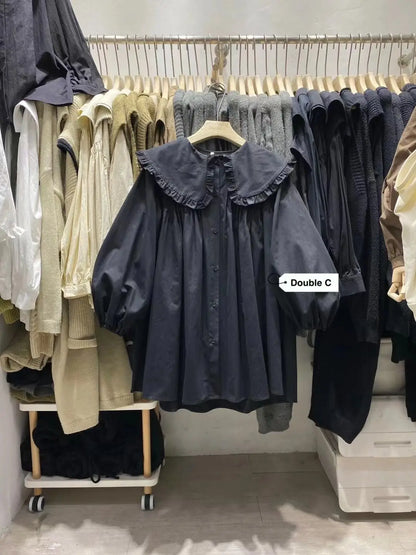 Shirts Women Spring New Plaid Peter Pan Collar Ruffles Loose All-match College Japanese Mujer Kawaii Swwet Tender Chemise Femme.