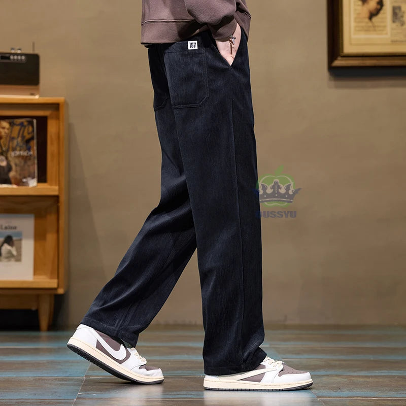 Autumn Winter Men's Corduroy Pants Elastic Waist Fashion Stretch Loose Straight Black Grey Thick Trousers Male Plus Size M-5xl.