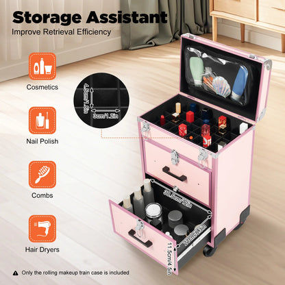 3 in 1 Rolling Makeup Case with Drawer, Large Makeup Case Organizers, Profesional Cosmetic Case for Salon Barber, Light Pink.
