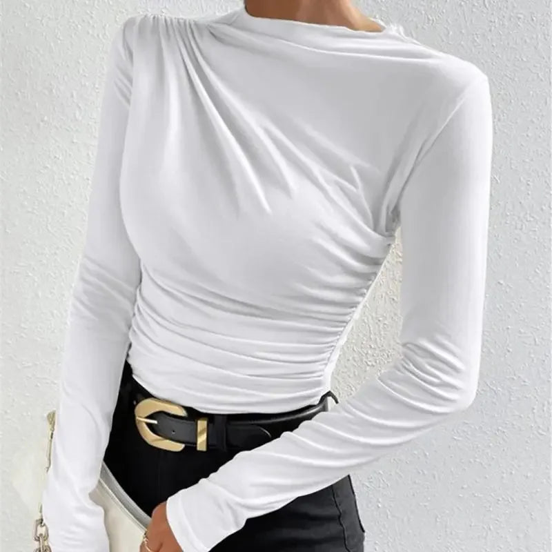 Slim Fit Long Sleeve Women's T-shirt Pure Color Design Pleated Detail Base Shirt Ladies Top Quality Material Comfortable Wear.