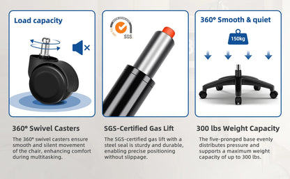 Daccormax Bürostuhl ergonomisch, Schreibtischstuhl, 150 kg Fassungsvermögen, verstellbare Kopfstütze und Armlehnen, Computerstuhl mit Lordosenstütze