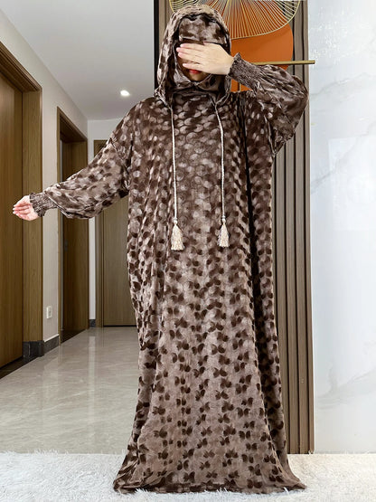 High Quality Velvet Fabric 2025 Ramadan Muslim Lady's Abaya Two-Hats Dubai Turkey Style Islamic Prayer Clothing Kaftan Dress.