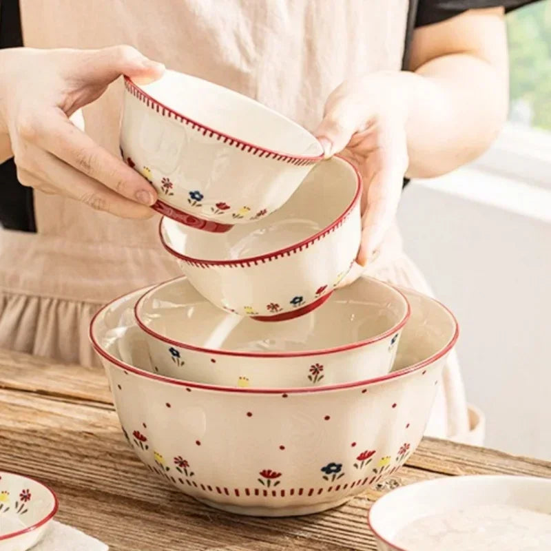 SOLECASA Ceramic Tableware Pastoral Style Rice Soup Bowl Fruit Salad Bowl Dish Pasta Dessert Plate Dinnerware Table Decoration.