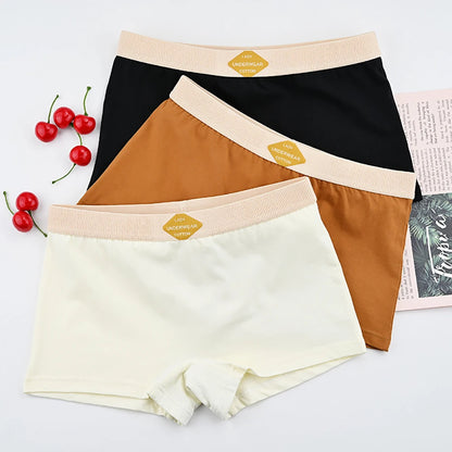 3PCS/Pack 100% Cotton Multicolor Solid Women's Boxer Knit Breathable Panties Underwear Soft High Elastic Mid-rise Thin Boyshorts