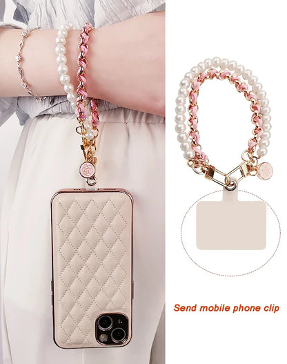 26cm Leather Pearl Camellia Mobile Phone Charm Bracelet Chain Anti-lost Universal Cell Phone Strap Rope Pendant Metal Key Chain.