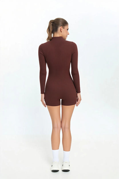 Seamless Ribbed Knit Bodysuit Women Zip Up Stand Collar Long Sleeve Thumbhole Yoga Romper Winter Thermal Workout Outfit.