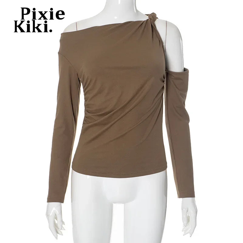 PixieKiki Twisted Hollow Out Off Shoulder Long Sleeve Tops 2000s Clothes Y2k Asymmetrical T Shirts for Woman P85-BE15.