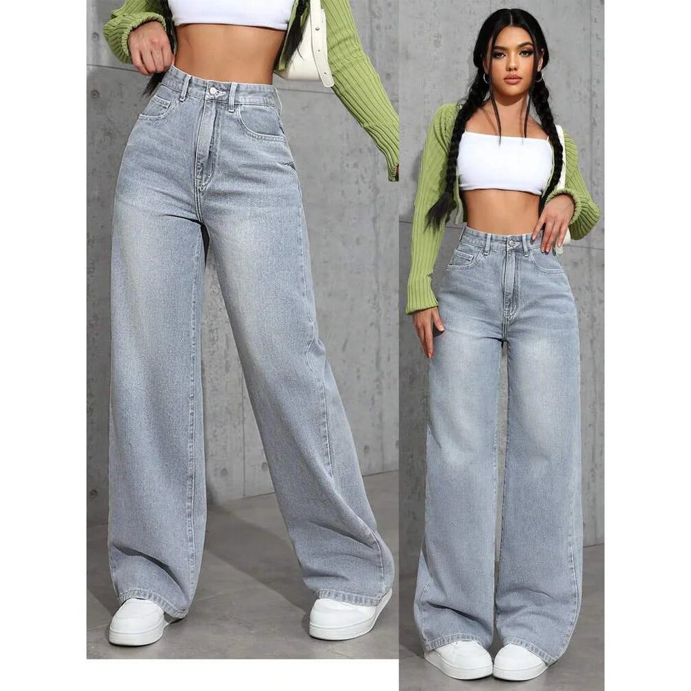 Denim Wide Leg Pants Women Jeans High Waist Straight Trousers Distressed Washed Pockets 2025 Loose Floor Length Streetwear.
