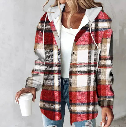 Neue Herbst und Winter frauen Plaid Jacke Mit Kapuze Mode Taste Strickjacke Top Tasche Casual Straße Vielseitige Jacke.