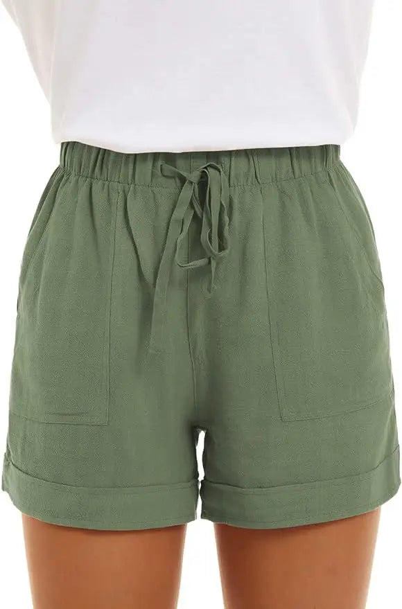 2025 Summer New Women's Shorts Loose Linen Casual Pockets Solid Color High Waist Wide Leg Pants