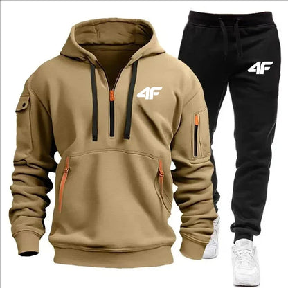 Autumn and winter casual jogging sportswear with zipper hood and multiple pockets, 2-piece set, large-sized S-3XL men's suit.