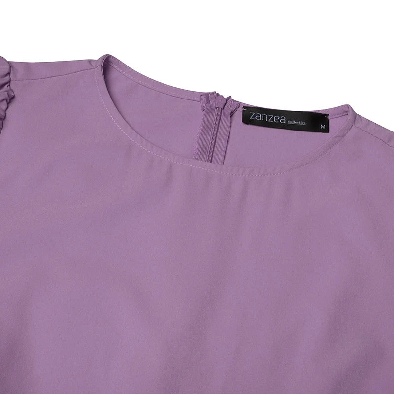 ZANZEA Elegantes Damen-Plisseekleid, edel, gesmokte Bündchen, langärmelig, O-Ausschnitt, Fit und Flare, lang, Vestidos, Pendeln, solide Party-Roben.