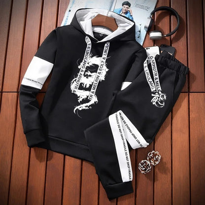 Trendy 2025 Chinese Dragon Print Hoodies Tracksuit for Men Winter Autumn Casual Jogging Outfit Athletic Sportswear Sweatpants.