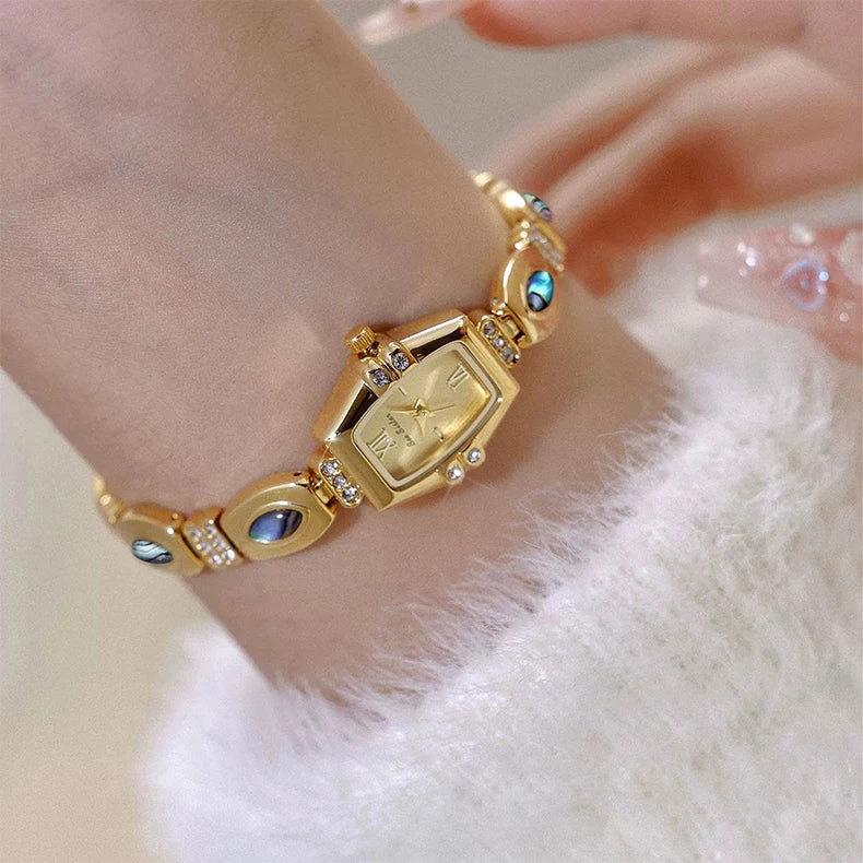 BS New Natural Black Gold Abalone Shell French Vintage Design Watch Woman Elegant Luxury Tonneau Dial Quartz Women's Watches.