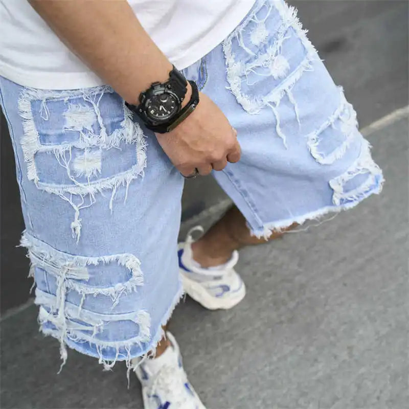 Denim Hole Knee Length Men Washed Jean Mid Waist Spliced Ripped Pockets Loose Fit Distressed Straight Pants 2024 Casual.
