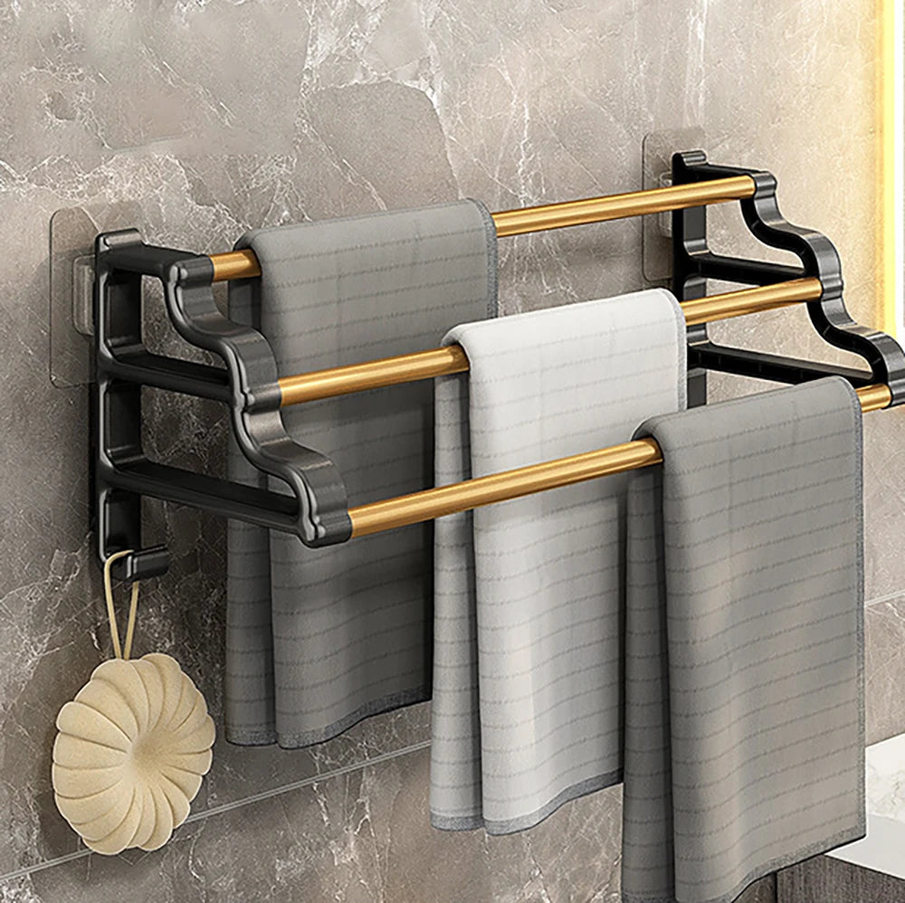 Handtuchhalter mit drei Stangen, selbstklebender, stanzfreier Handtuchhalter mit Haken, platzsparender Handtuch-Aufbewahrungsregal für Badezimmer