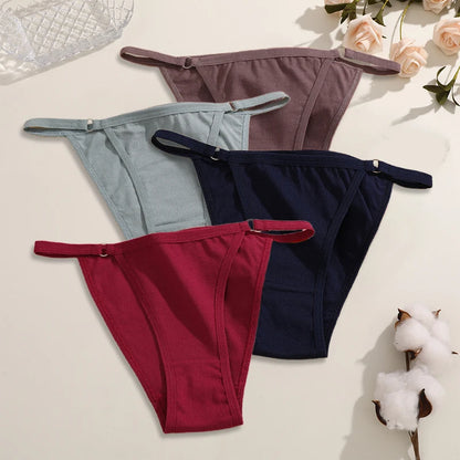 FINETOO 4Pcs Women's Cotton Panties Sexy Metal Ring Waist Underwear Solid Breathable Panties Ladies Soft Briefs Comfort Lingerie.