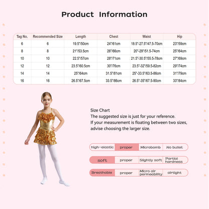 Teenager Mädchen Cha-Cha Jazz Latin Dance Samba Rumba Tango Performance Kostüm ärmelloses metallisch glänzendes Pailletten-Bodykleid mit Ausschnitt.