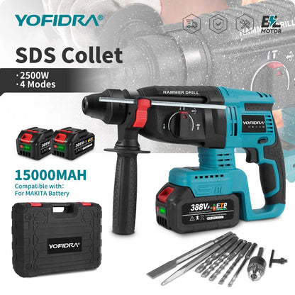 YOFIDRA Bürstenloser elektrischer Hammer-Schlagbohrschrauber, 26 mm, kabelloser Holzbearbeitungs-Schlagbohrschrauber, Elektrowerkzeug-Set für Makita 18 V Akku-Pin