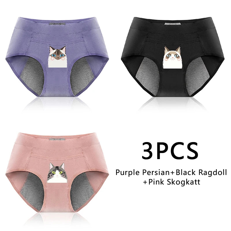 3PCS Cotton Menstrual Panties Leak Proof Breathable Cartoon cat Panties Woman Women Girls Physiological Pants Women's Intimates