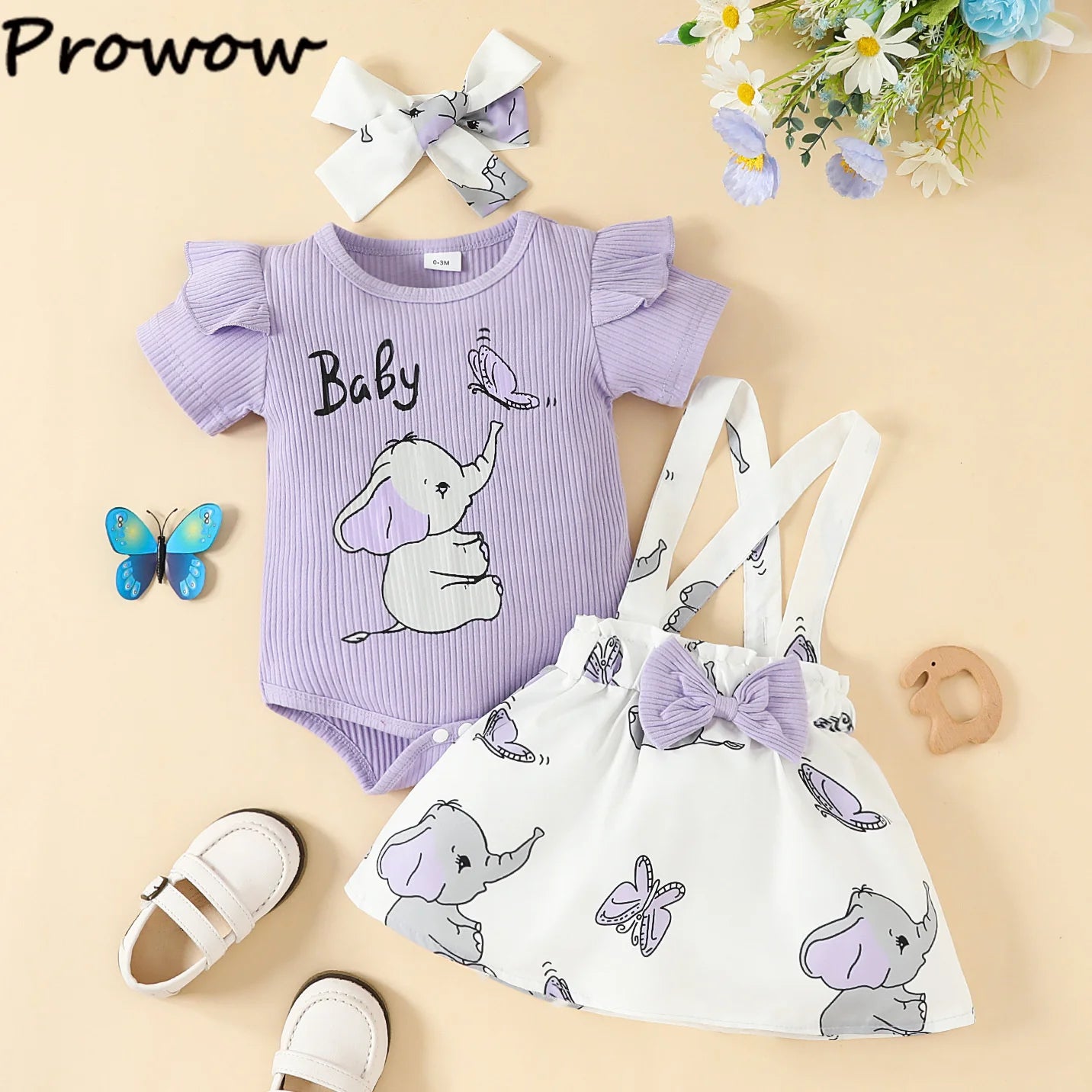Prowow Günstige Preis Kleidung Baby Mädchen Outfits Set Niedlichen Elefanten Body und Hosenträger Kleid 3 stücke Neugeborene Geburt Set Kleidung.