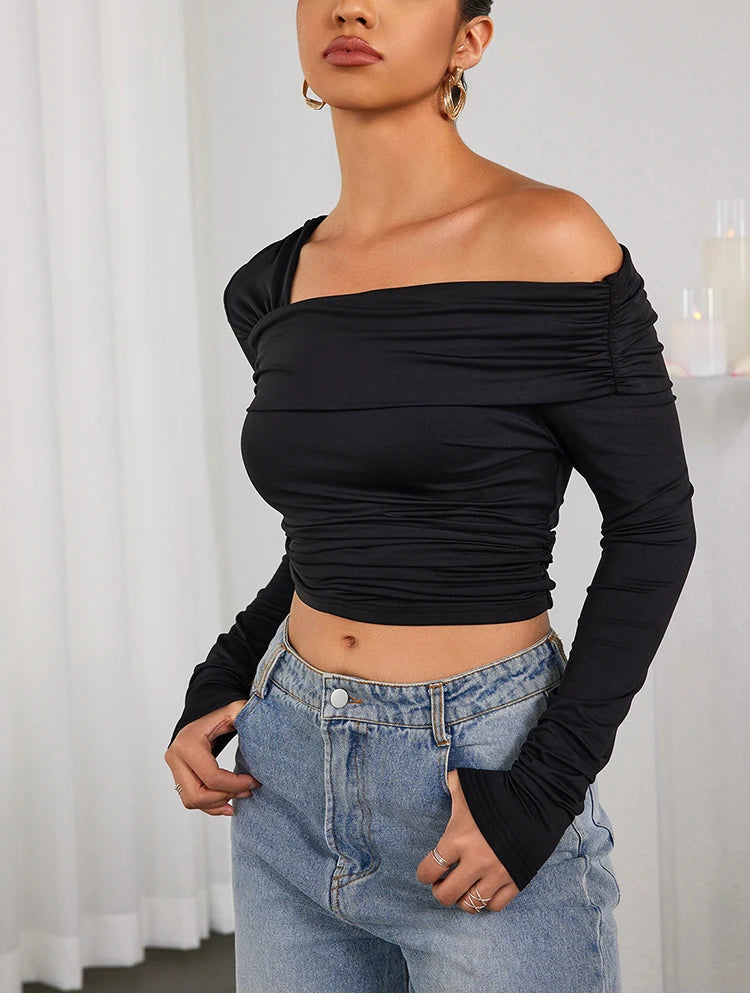 NewAsia Sexy Tight One Shoulder Top Long Sleeve Double Layer Crinkle Texture Asymmetrical Party Chic Blouse Women Fashion Tops.