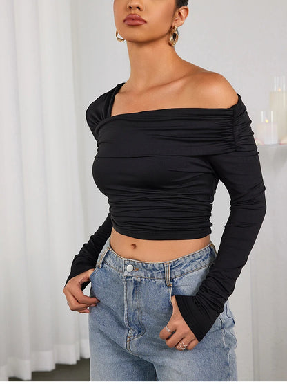 NewAsia Sexy Tight One Shoulder Top Long Sleeve Double Layer Crinkle Texture Asymmetrical Party Chic Blouse Women Fashion Tops.