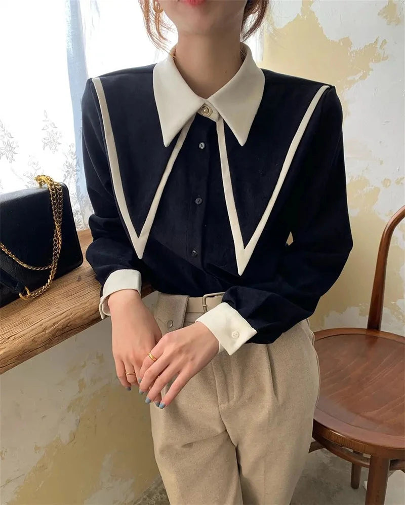 MEXZT Vintage Chiffon Shirts Women Elegant Patchwork Long Sleeve Blouses Office Lady Korean Black Turn Down Collar Casual Tops.