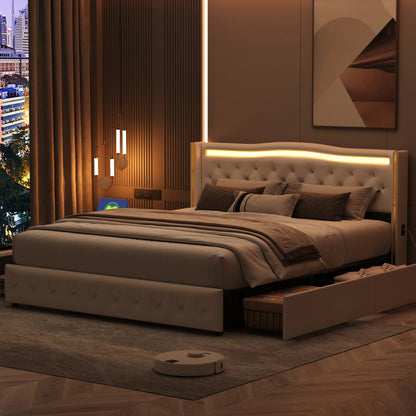 Rosahqnda Modernes Doppelbettgestell aus weißem PU-Leder, vergoldetes Kopfteil mit vier Schubladen ohne Matratze