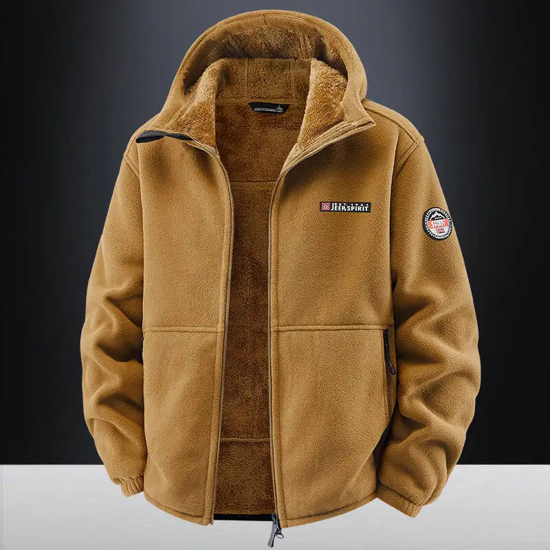 Men's Outdoor Sport Hooded Sweatshirt Jacket Warm Fleece Liner Windproof Softshell Inner Polar Fleece Coat with Zipper & Pockets