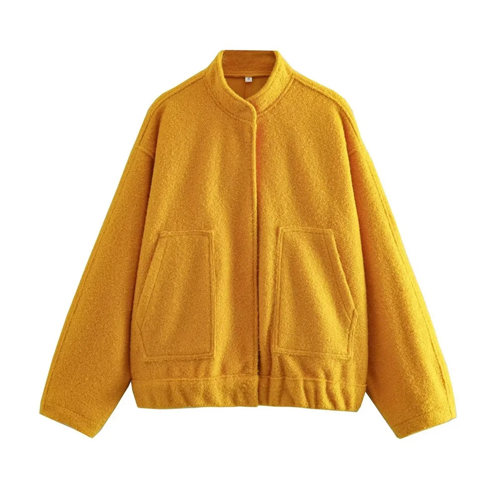 TRZA Frauen Mode Mit Taschen Übergroßen Bomber Jacke Mantel Vintage Langarm Druckknopf Weibliche Oberbekleidung Chic Tops.