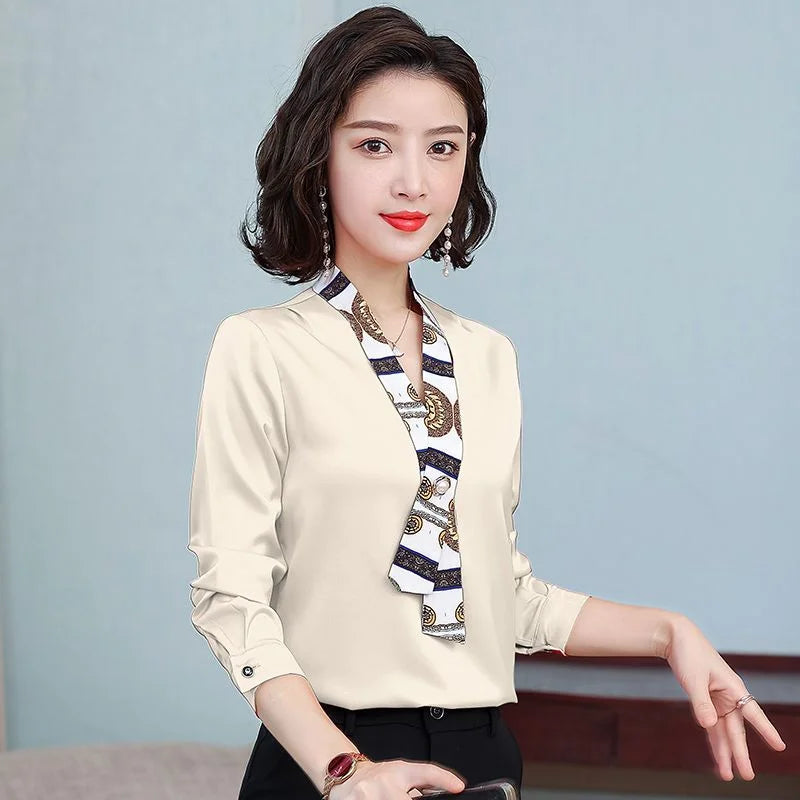 Women's fashionable streamer tops fashionable and elegant small fragrance style covering the belly satin shirt