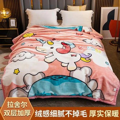 Modern Geometric Cartoon Printed Bedroom Blanket Coral Fleece Dormitory Quilt Thicking Double Layer Multi Purpose Bedding Sheets