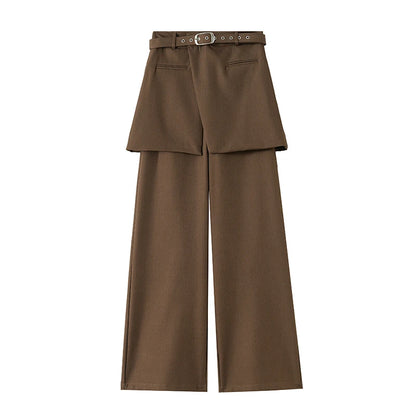 Design Style Fake Two-piece Curtain Suit Pants Women Fall High Waisted Wide Leg Trouser Office Ladies High Quality Straight Pant.