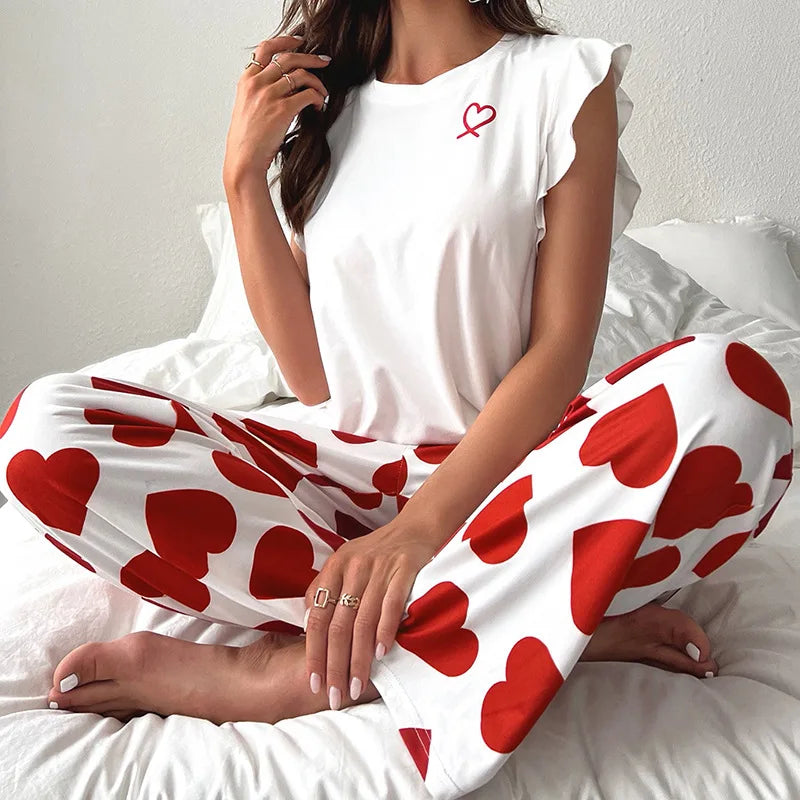 2024 White T-Shirt Women's Pajama Set Sexy Fly Sleeve Vest Pants Sleepwear Heart Print Casual Pyjamas Loungewear Spring 2-piece.