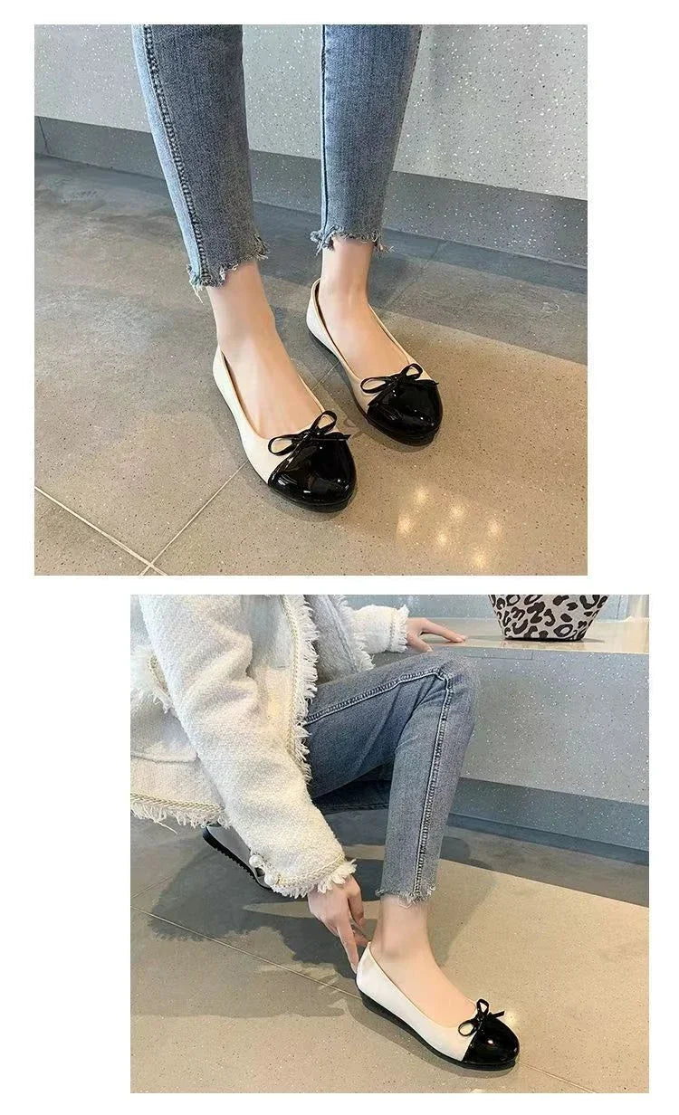 Ballerina Women's Flat Shoes Comfort Non-slip Ladies Loafers Leather Flats Elegant Bowknot Women's Single Shoes Mother's Shoes.
