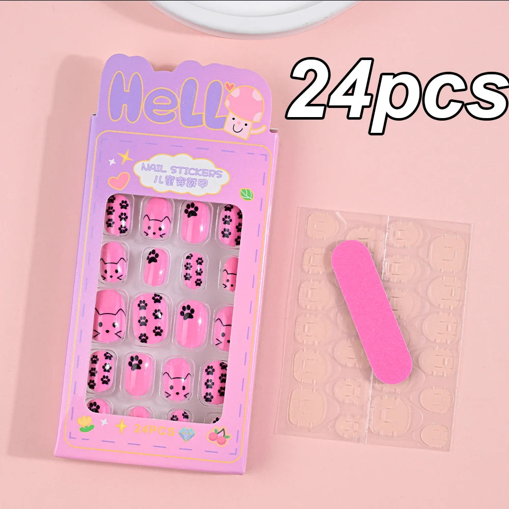 120pcs/box Pink Cartoon Children Press On Nails Candy Color Unicorn Cat Bunny Kids Full Cover False Nail Girls Party Nail Decora