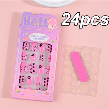 120pcs/box Pink Cartoon Children Press On Nails Candy Color Unicorn Cat Bunny Kids Full Cover False Nail Girls Party Nail Decora